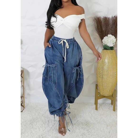 Women's Baggy Cargo Jeans Denim High Waisted Drawstring Streetwear - Picture 2 of 5